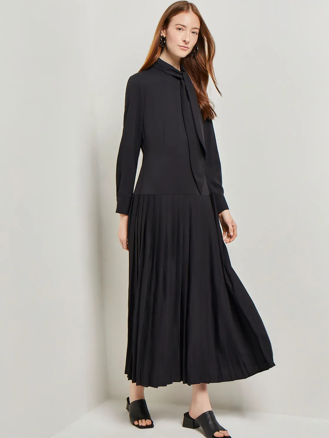 Misook Dresses|Tie Neck Pleated A-Line Maxi Dress