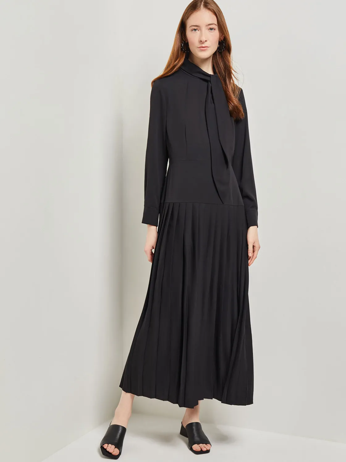 Misook Dresses|Tie Neck Pleated A-Line Maxi Dress