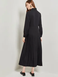 Misook Dresses|Tie Neck Pleated A-Line Maxi Dress