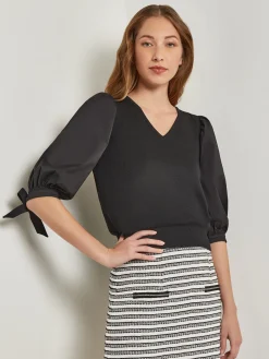 Misook Tops & Tees|Tie-Detail Puff Sleeve Blouse - Mixed Media