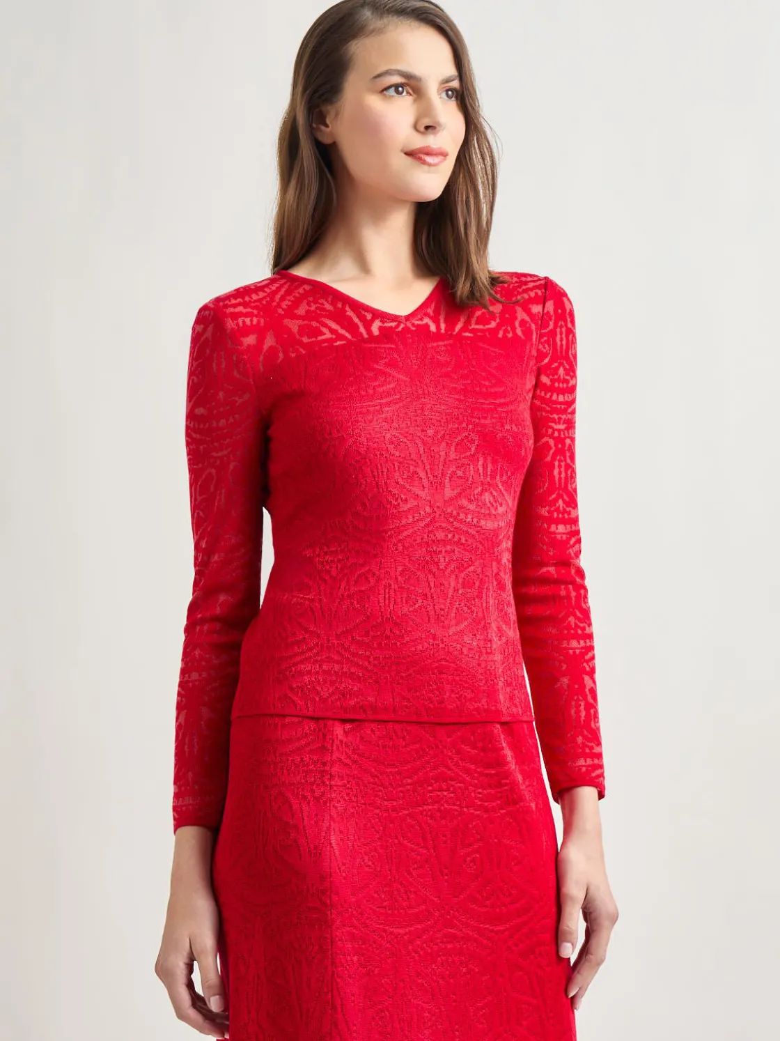 Misook Tops & Tees|Tonal Patterned V-Neck Burnout Knit Top