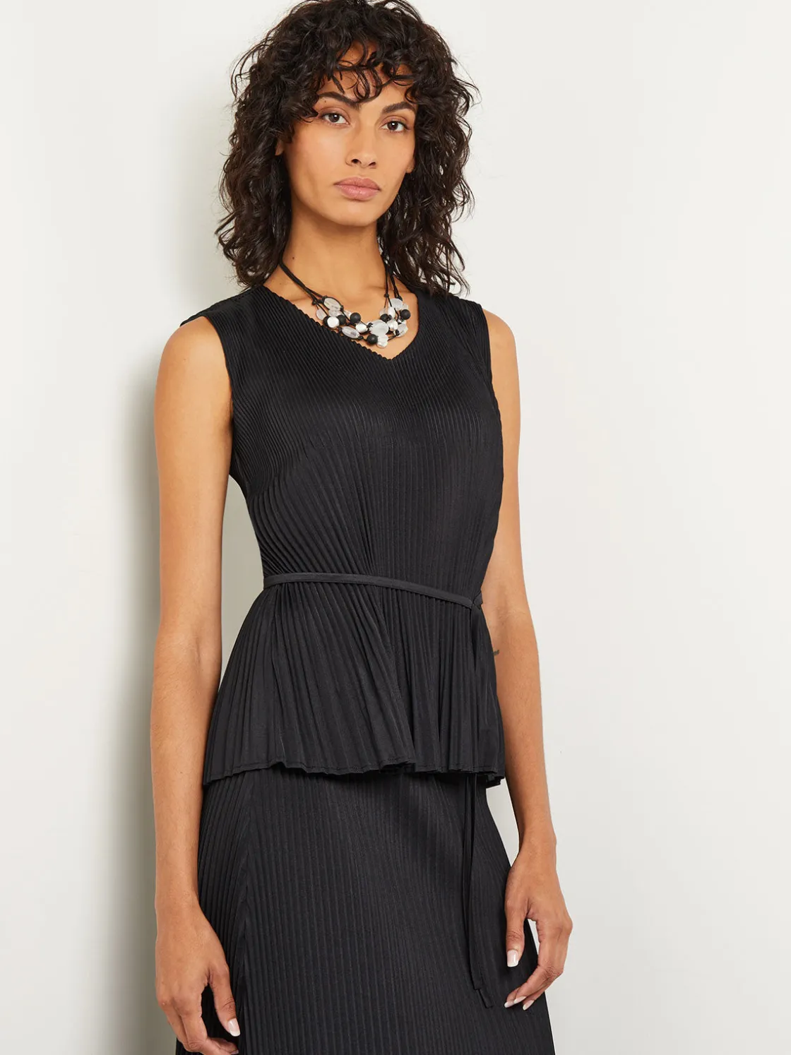 Misook Tops & Tees|Tanks|V-Neck Tie-Waist Pleated Crepe de Chine Tank Top