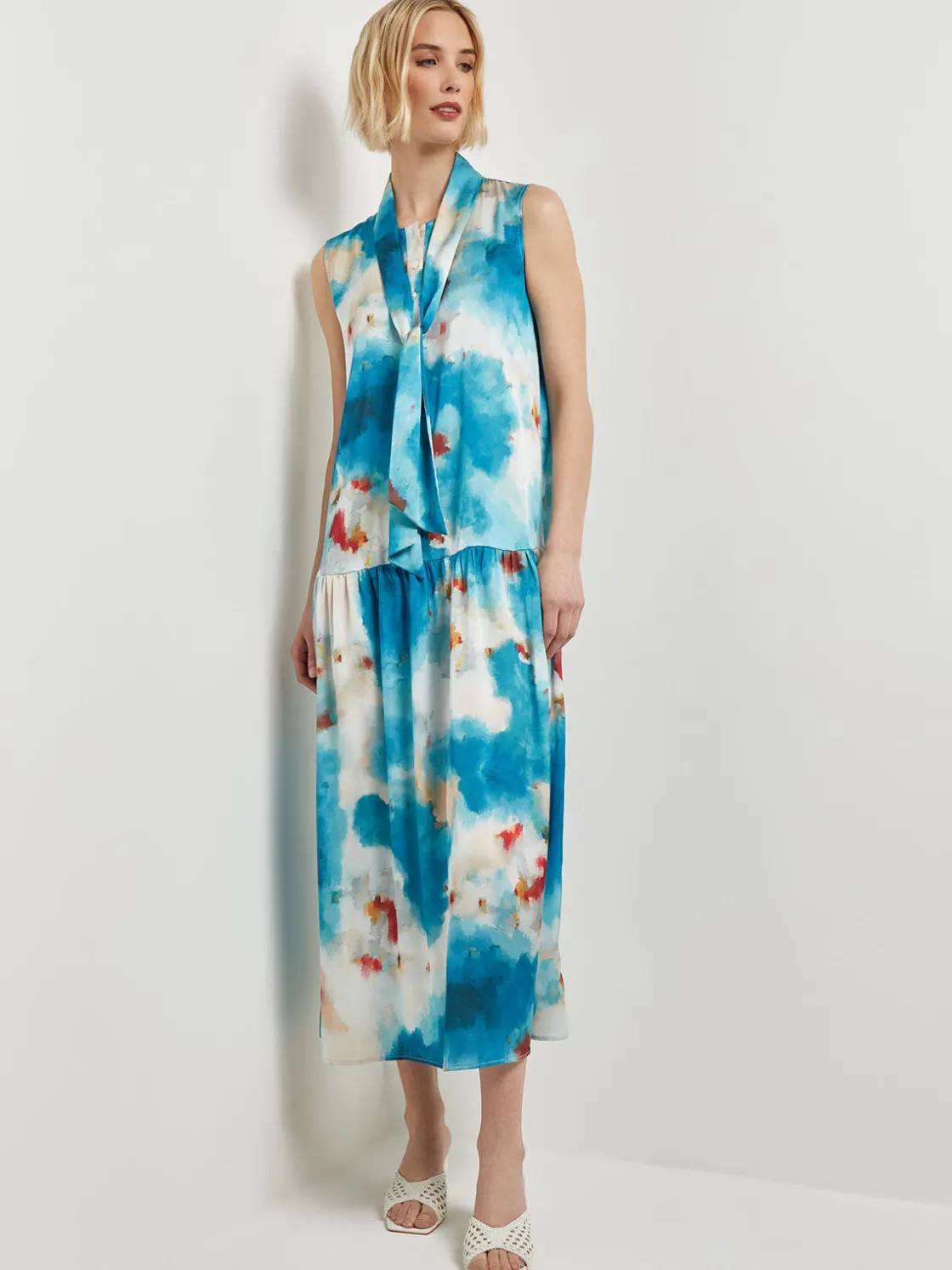 Misook Dresses|Watercolor Removable Shawl Collar Crepe Maxi Dress