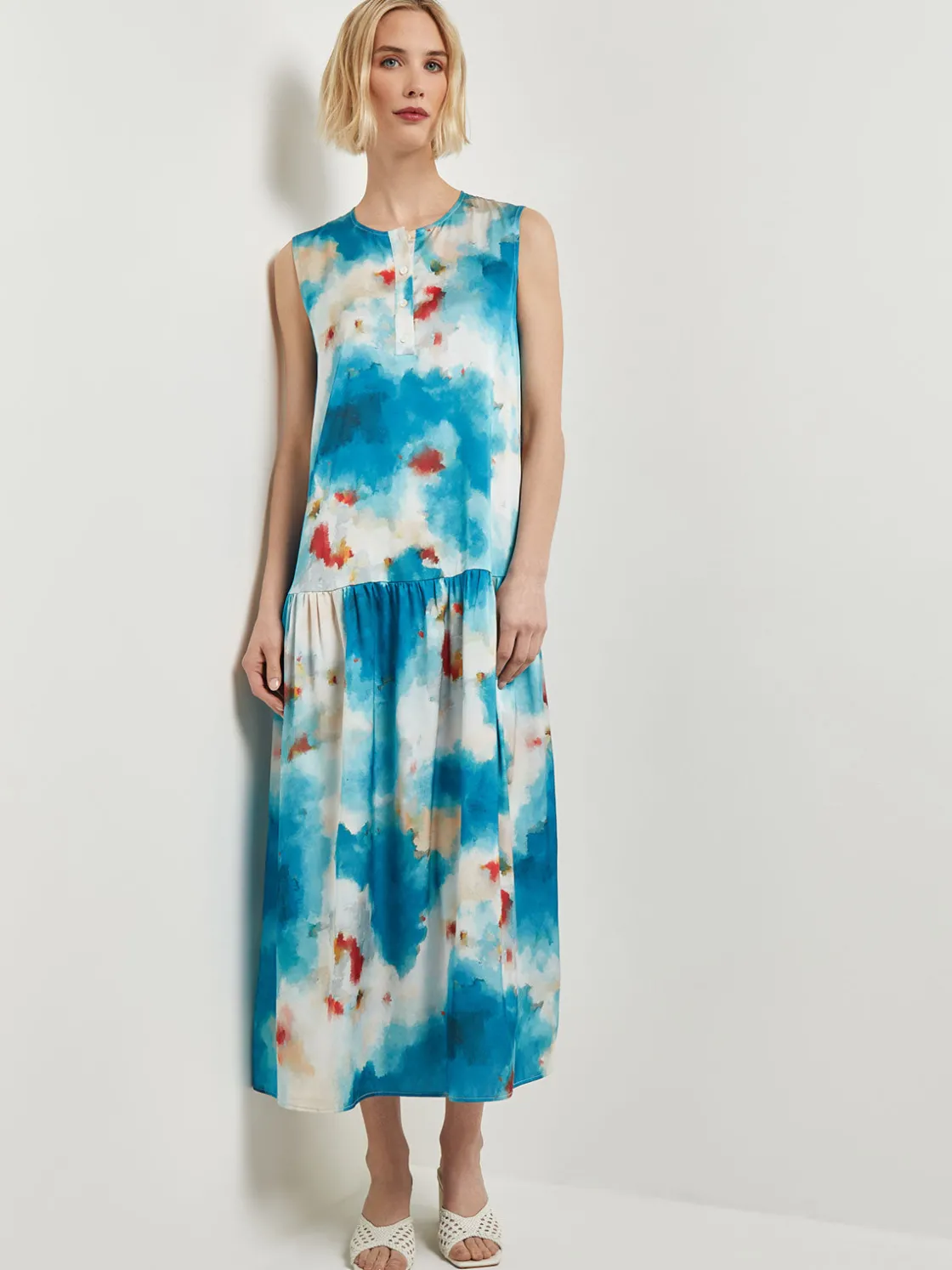 Misook Dresses|Watercolor Removable Shawl Collar Crepe Maxi Dress