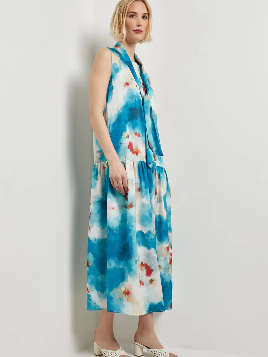 Misook Dresses|Watercolor Removable Shawl Collar Crepe Maxi Dress