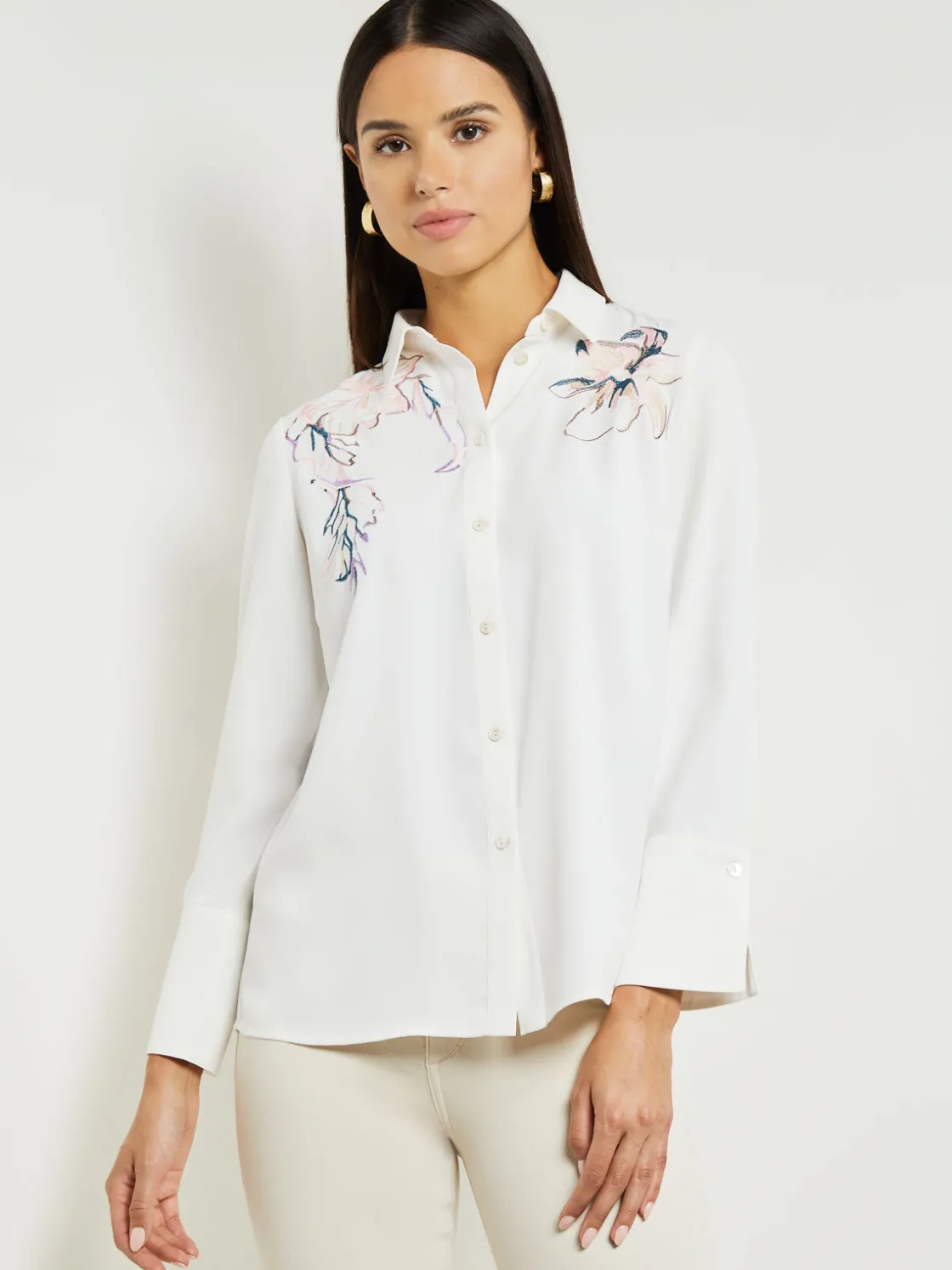 Misook Blouses & Shirts|Tops & Tees|White Floral Top - Crepe de Chine Blouse |
